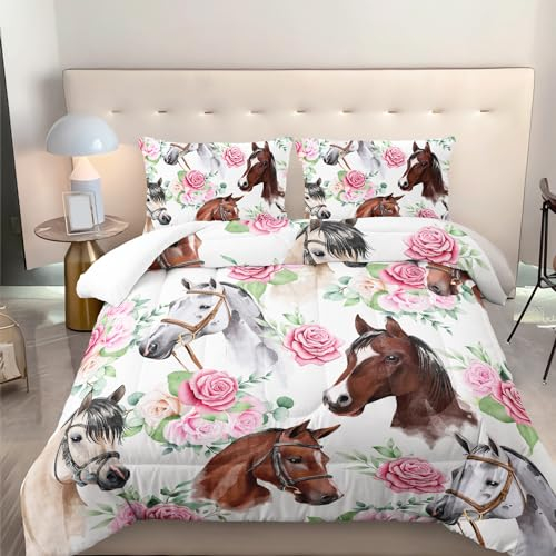 Nttopship Horse and Flower Comforter Set for Girls Kids Horse and Floral 3 Piece Bedding Set Queen Floral Lightweight Comforter Down Alternative with 2 Pillowcases All Seasons