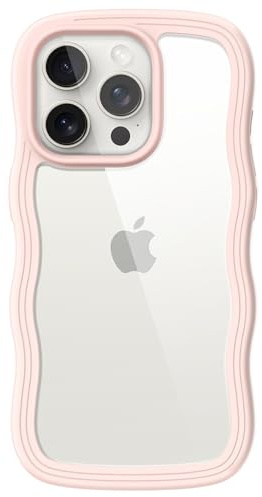 JETech Wavy Hülle für iPhone 15 Pro, Rosa | Süßes Wellen-Design, Stoßschutz, Transparente PC-Rückseite, Komfortabler Griff