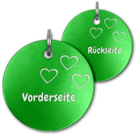 Unikat Branding Hundemarke mit Gravur personalisiert, Grün, 35 mm | Adressanhänger und Namensschild für Hund, Katze, Welpe, Anhänger fürs Hundehalsband, beidseitig graviert mit Telefonnummer