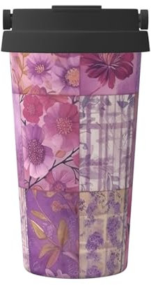 RLDOBOFE Isolierter Kaffeebecher, 500 ml, violette Blumen, Collage, Reise-Kaffeetasse, Edelstahl, vakuumisolierter Kaffeebecher für heiße und kalte Getränke, Geschenke für Männer und Frauen