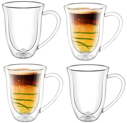Wilmax - Thermogläser mit Henkel - 4er Set - 300ml - Doppelwandige Gläser für Wasser, Tee, Kaffee - Teegläser & Kaffeegläser - Becher für Heiß- und Kaltgetränke - Spülmaschinenfest