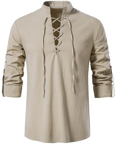 Rodawu Mens Linen Shirts Drawstring Henley Cotton Medieval Tunic Viking Top