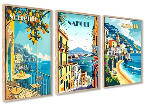3er Set Poster Wanddeko Wohnzimmer Ideal als Geschenk Modernes Design Flur | Italien 30x40 Bilder mit Holz Rahmen Amalfi Naples Sorrento Zitronen Travel Wohnzimmer Schlafzimmer Mediterran Reisen
