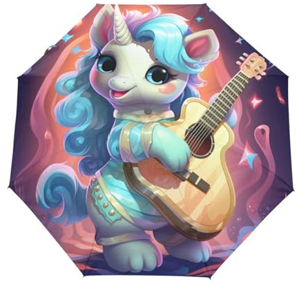 Musik Gitarre Baby Einhörner Pferd Regenschirm Taschenschirm Kinder Jungen Mädchen UV-Schutz Auf-Zu Automatik Umbrella Verstärkt Winddichte Zusammenklappbar