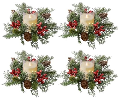 Weihnachtskranz Kerzenring, 25cm Künstliche Kerzengirlande Weihnachten Kerzenkranz, Weihnachtskranz Adventskranz Beerenkranz Tannenzapfen für Stumpenkerzen, Weihnachten Tisch Dekoration