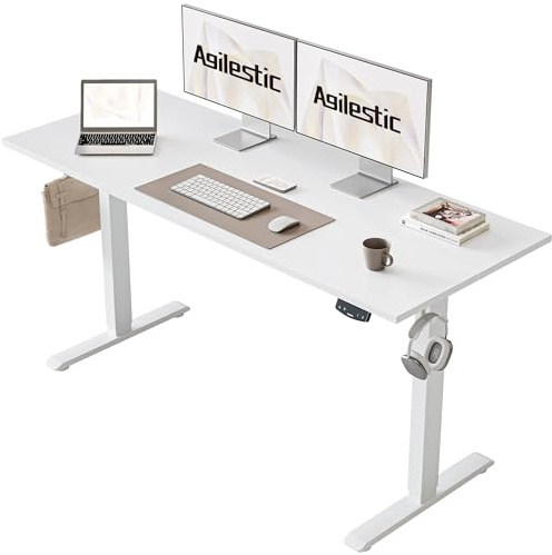 Agilestic Electric Standing Desk, 2 Memory Buttons, 140x60cm | Height Adjustable Desk for smart Pannel, 72-116cm, Sit Stand Desk with 2 Hooks, Home Office Desk, 2 pcs Desktops, White