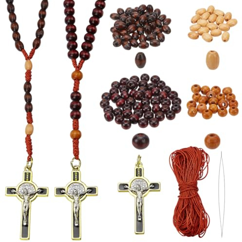 PLIGREAT 4 Sets DIY Rosenkranz Schmuck Herstellung Kit 356 Teile Halskette Armband Herstellung Set Holz Perle Metall Kreuz Kit Rosenkranz Gebet Herstellung Zubehör für Anfänger