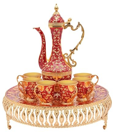 RjcdOPL Service à Thé Européen Vintage en Métal, Ensemble de 6 Tasses et Théière à Thé avec Plateau, Pour Maison, Bureau, Cadeau pour Mariage, Déménagement (Rouge)