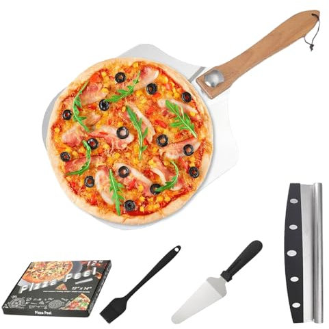 DYUEE Folding Pizza Peel Set of 4, 12in Pizza Peel Aluminum Metal Paddle with Small Spatula and Oil Brush, for Homemade, Bread, Pie