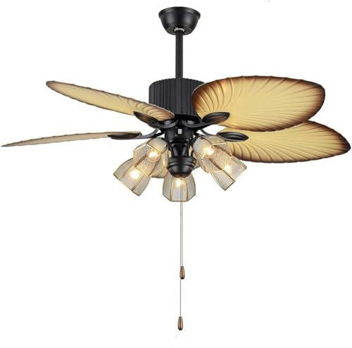 52 Tropical Ceiling Fan with Lights & Remote Control Reversible Leaf Palm Leaf Ceiling Fan Palm Leaf Ceiling Fan Living Room Bedroom with 5 Glass Lamps