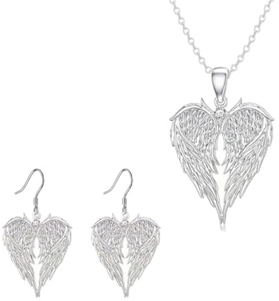 WCRAZYE Angel Wings Earrings Necklace Set for Women Dainty Lovely 925 Sterling Silver Rhinestone Hug Guardian Fairy Wing Feather Pendant Necklace Lucky Christmas Jewelry (Silver Wing)