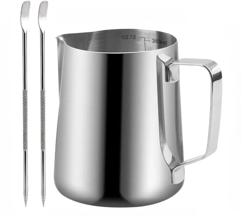 Milk Frothing Pitcher, 350ml/12oz Milk Frother Cup Stainless Steel Jug Steaming Pitcher, Milk Coffee Cappuccino Latte Art Barista Steam Pitchers Milk Jug Cup with Decorating Pen