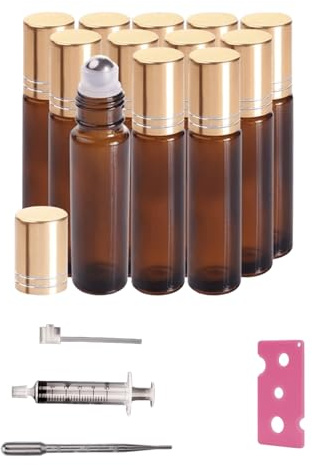 KYRYD 12 Pack Essential Oils Roller Bottles Roll On Bottle | 10ml Amber Glass Bottles with Stainless Steel Roller Balls, Glass Roller Bottle, for Essential Oil, Fragrance, Perfume