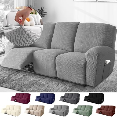 BOYIFEIJIE 3-Sitzer Sessel Überzug, Sesselbezuge Stretch mit Taschen, All-Inclusive Streifen-Jacquard Sesselschoner für Fernsehsessel Relaxsessel Sesselhusse (Hellgrau, 8-Teilig)