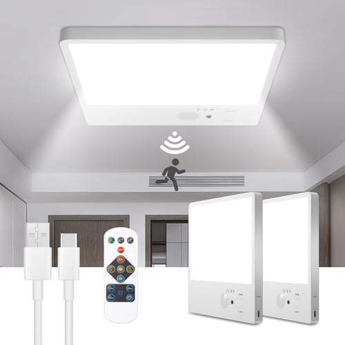 Tnight 2 Pack Rechargeable Ceiling Light Motion Sensor with Remote, 500LM | 7000mAh battery, 3 color 3000K/4500K/6500K, dimmable, IP54 waterproof, magnetic mount,for shower, bathroom, shed, loft, porch