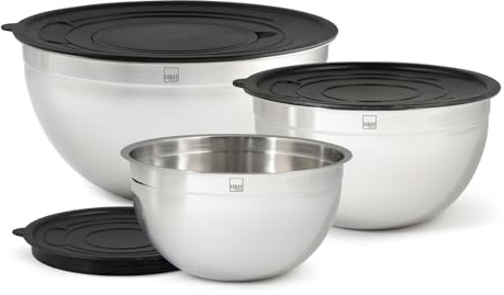 H&H Set 3 Ciotole Mixing Bowl in Acciaio Inox 18/10 con Coperchio – Ø 16/20/24 cm – Per Impastare, Mescolare e Conservare – Con Anello Antischizzo