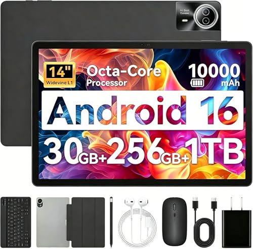 Urao Tablet｜14 inch Android 16 Tablet｜30GB RAM 256GB ROM ｜1920 * 1200 IPS FHD｜10000mAh 30W Fast Charging｜Octa-core Processor｜Wi-Fi 6, BT 5.4｜Dual Camera with Gemini AI｜Keyboard｜Stylus｜Case｜Headphone