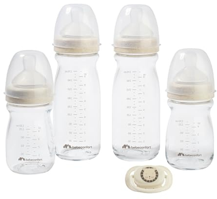 Bebeconfort Physio Air Care Glass Bottle Kit, Anti-Colic Glass Baby Bottles, Newborn Essentials, 0+ Months, Includes 4 Feeding Bottles and a Soother, Physiological Shaped Soother and Silicone Teats
