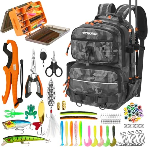 THKFISH Fishing Backpack with Tackle Boxes, 20L Waterproof Tackle Sling Bag with Lures Kit, Fish Lip Gripper, Pliers, Scissors, Fishing Gifts for Men Women