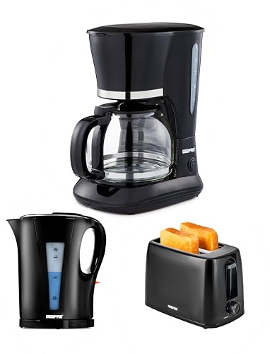 GEEPAS 1.5L Filter Coffee Machine, 1.7L Kettle & 2 Slice Toaster Set Black