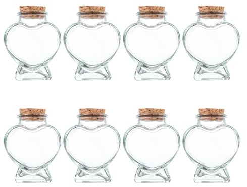 Kichvoe 8 minibotellas con tapa: botella de vidrio transparente con forma de corazón de 50 ml con tapón - Frasco de vidrio vacío para mesas de boda y regalos de fiesta