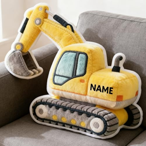 JLSKCN Custom Excavator Shaped Pillow Cute Personalised Name Plush Doll, Double-Sided Construction Engineering Vehicle Pillow for Kids, Birthday gifts for Boys and Girls Sofa Decorative Pillows