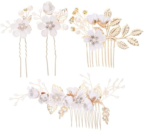 PRETYZOOM Peineta de Flores Dorada y Horquillas para Novia Tocado Nupcial 4 Piezas Adorno Cabello de Boda Accesorios Elegantes para Mujeres y Niñas