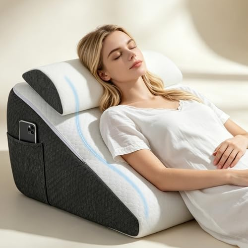 Bed Wedge Pillow, 10-in-1 Memory Foam Sleeping Support Pillow with Headrest, Adjustable Incline Triangle Orthopedic Cushion for Sleep Apnea, Acid Reflux, GERD, Back Neck Pain, Snoring, Leg Elevation