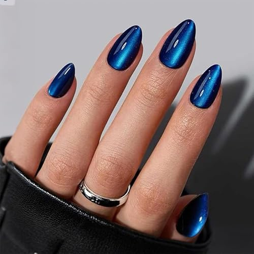 Katzenaugen-Königsblaue Press-On-Nägel, kurze Mandelform, zum Aufkleben, Glitzer-Kunstnägel mit Spiegeleffekt, glasierte Chrom-Optik, 24Stück-Packung, Nagelkunst für Damen