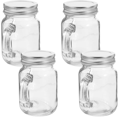 Beavorty 4 Tarros de Vidrio Mini con Asa y Tapa Hermética, 120 Ml, Transparentes para Miel, Mermelada y Bebidas, Frascos Sellados para Cocina y Picnic