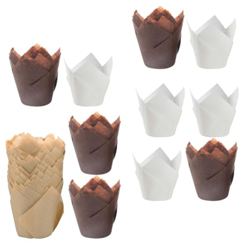 COHEALI Envoltorios para Cupcakes de Papel sin Blanquear Forma Tulipán Colores Natural 100 Piezas Blanco Café Moldes para Hornear Muffins Resistentes al Aceite Utensilios para Repostería