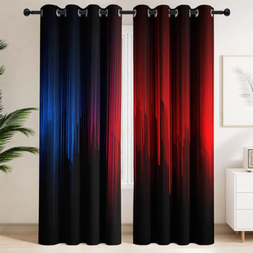 Bedruckte Vorhänge 2er 220x140cm, Abstrakter Ombre Farbverlauf Ösenvorhang | Gaming Verdunkelungsvorhang fürs Jugendzimmer, Moderne Rot Schwarz Blau mit vertikalen Lichtstreifen für Gamer Schlafzimmer