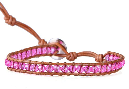 KELITCH Rosa Kristall Perlen Single Wickel Armband aus Braunem Leder Handmade Armreifen Neu Mädchen Schmuck