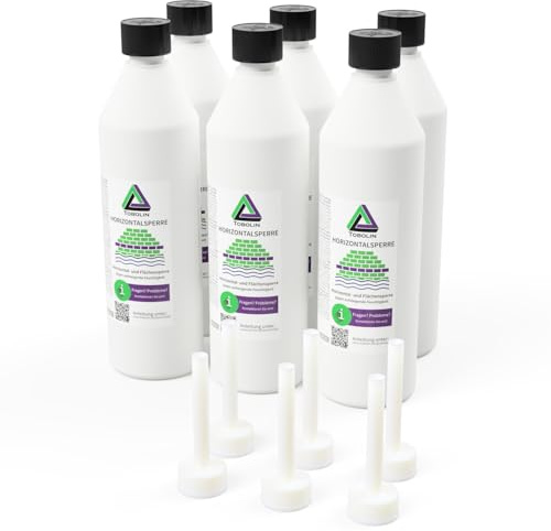 TOBOLIN Horizontalsperre Set 6 x 500 ml inkl. 6 Auslauftüllen – ölbasiertes Injektionsverfahren gegen aufsteigende Feuchtigkeit im Mauerwerk, nachträgliche Feuchtigkeitssperre zur Mauertrockenlegung