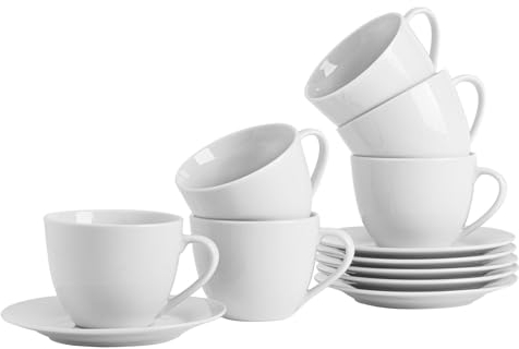 Argon Tableware Porcelain Cappuccino Cup and Saucer Set - 12 Piece White Coffee Set with 6 Cups 320ml and 6 Saucers - Durable Chip-Resistant Premium Café Mugs for Latte, Flat White, Hot Chocolate