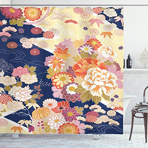 ABAKUHAUS Japan Duschvorhang, traditionelle Blumen, Stoffliches Gewebe Badezimmerdekorationsset mit Haken, 175 x 200 cm, Rosa Indigo