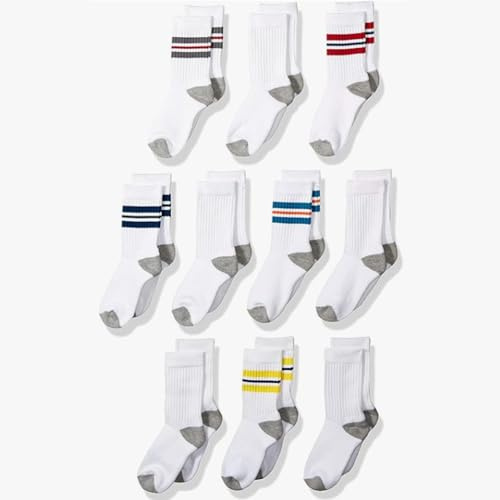 Amazon Essentials Boys' Kids Cotton Crew Gym Socks, 10-Pack White/Varsity Stripes, X-Small