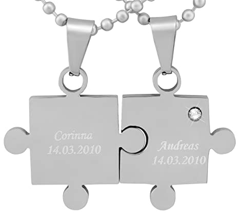 Hanessa 2 Stück Personalisierte Kette mit Gravur Edelstahl 60 cm mit Anhänger Herz Puzzle in silber - Personalisierte Geschenke für Damen Herren Freundin Freund - Partner Halskette für Sie und Ihn