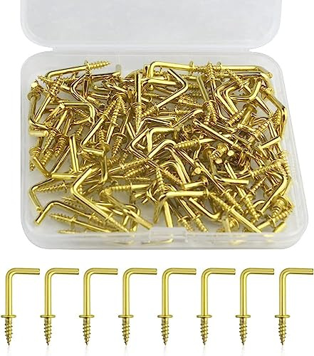 TOVOT 100 Stück L Haken Metall Hakenschrauben Schraubhaken Gerade mit Aufbewahrungsbox Gold Schraubhaken (24×11mm)