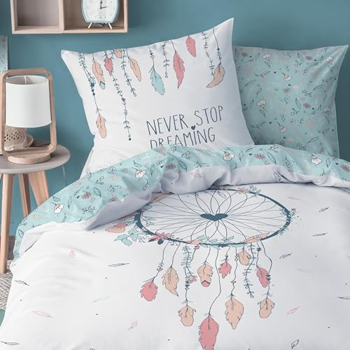 MTOnlinehandel Bettwäsche 135x200 cm - Boho Blumen Traumfänger Kissenbezug 80 x 80 cm + Bettbezug 135 x 200 cm -100% Baumwolle - Geschenkidee Geschenk für Mädchen