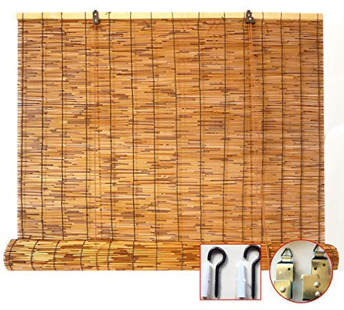 KDDEON Carbonization Natural Schilf Vorhang,Lifting Strohjalousien,Bambusrollo,Wasserdicht,Atmungsaktiv,Schatten,Sonnenschutz,für Deck Pergola Pavillon,Anpassbar,mit Zubehör (140x180cm/55x71in)