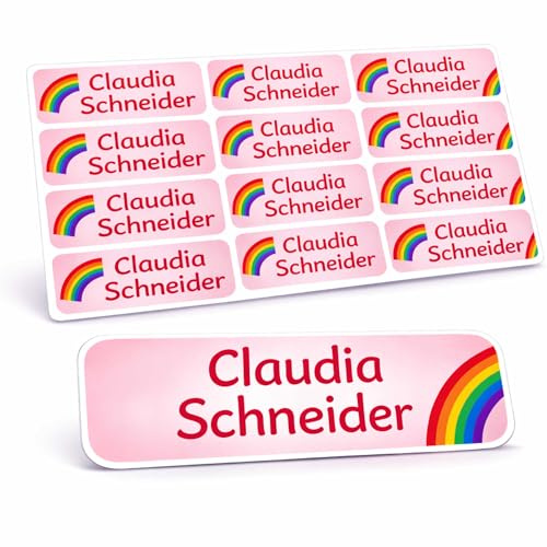 Indigos UG Namensaufkleber Kinder Schule - 43x7mm - 067 - Regenbogen - Etiketten selbstklebend - 60 personalisierte Aufkleber für Kindergarten, Stifte, Bücher Brotdose, Federmappe, Lineale & Spielzeug
