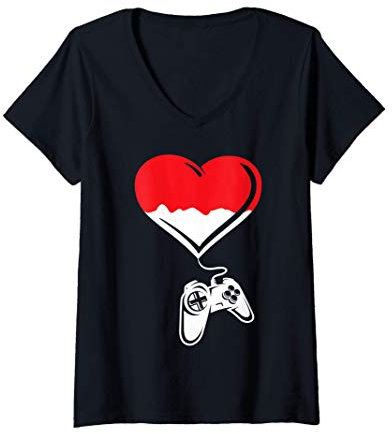 Damen Herz Zeichen PC-Spiel Controller Gaming PC Games Videospiele T-Shirt mit V-Ausschnitt