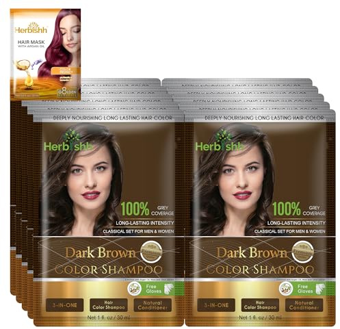 Herbishh Natural Hair Color Shampoo for Gray Hair - Argan Hair Mask, Travel Size, Long-Lasting Color, Ammonia-Free, 10 Pack + 1 Pack (Dark Brown)