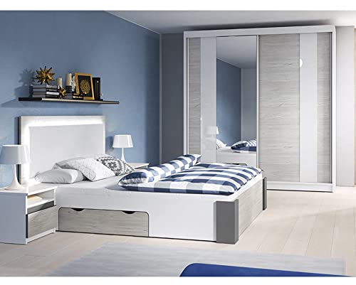 Fabryka Mebli Idźczak Schlafzimmer-Set Komplett - Helios II 180 Bettgestell - Kleiderschrank mit Spiegel,2X Nachttisch - Innovativ, Stilvoll, Modern mit Fancy-Matratze - Weiß/Kathult+Grau