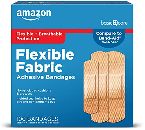 Amazon Basic Care Flexible Fabric Adhesive Bandages, First Aid for Wounds and Scrapes, Breathable First Aid Wound Care Supplies, Assorted Sizes, 100 Count