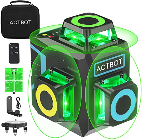 Livello Laser Autolivellante - ACTBOT Linea trasversale 3D verde 3x360 Orizzontale Verticale Laser a 12 linee 200 piedi Esterno a lungo raggio 4000 mAh Ricaricabile con telecomando
