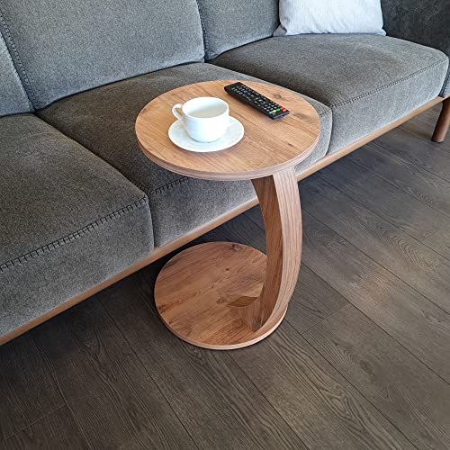 sugodesign Couchtisch mit Rollen, Kleiner Beistelltisch C Form, stylischer Sofatisch in schöner Nussbaum Holz Optik, runder Tisch als Ablagefläche für Couch und Sofa, Beistelltisch Couch