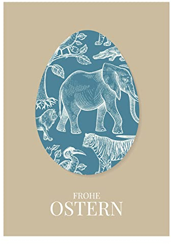 16 Karten: Elegant klassische Osterkarte mit Wild Tier Osterei: Frohe Ostern in beige, Grußkarte zu Oster Klappkarte zum Osterfest