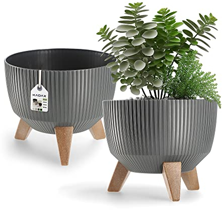 KADAX Vaso Rialzato 24 cm in Plastica per Piante da Interno ed Esterno, Coprivaso Decorativo con Piedistallo Simil-Legno e Design Moderno (Grigio Scuro)